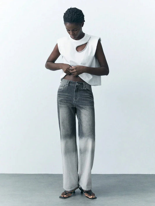 Women Casual Relaxed Straight Leg Washed Denim Jeans