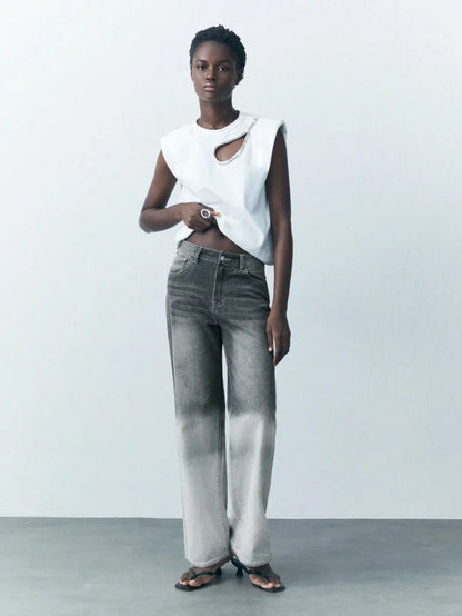 Women Casual Relaxed Straight Leg Washed Denim Jeans