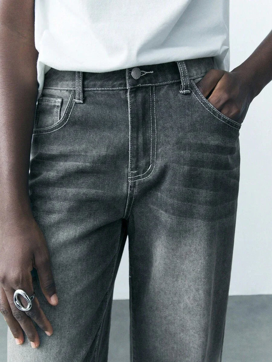 Women Casual Relaxed Straight Leg Washed Denim Jeans
