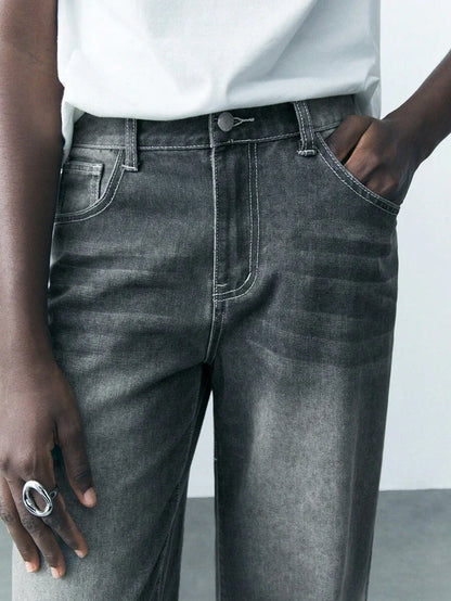 Women Casual Relaxed Straight Leg Washed Denim Jeans