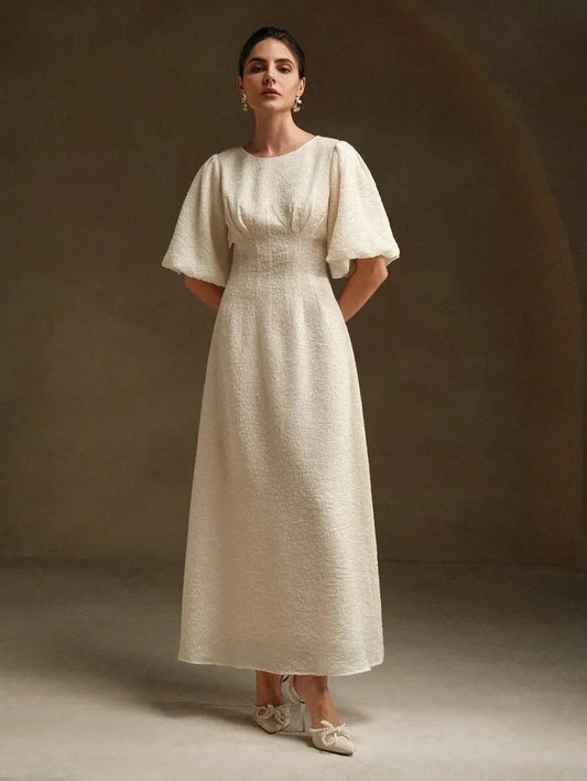 Women Casual Textured Light Yellow Puff Sleeve Midi Dress Maxi Women Outfit