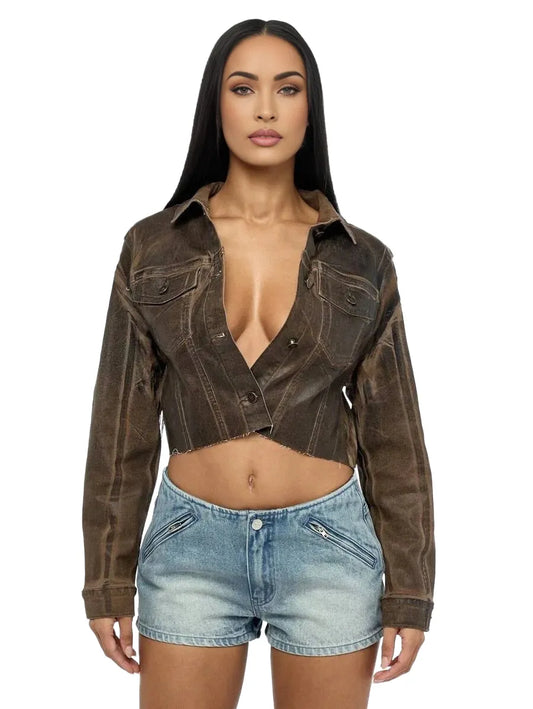 WOMEN Coated Denim Cropped Trucker Jacket