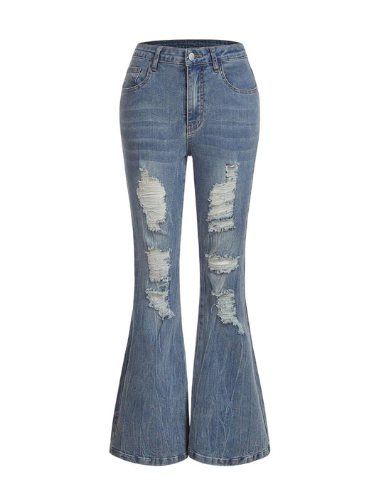 Women Denim Skinny Elastic Flared Jeans Distressed BlueStretchy JeansLow Rise Flared Women