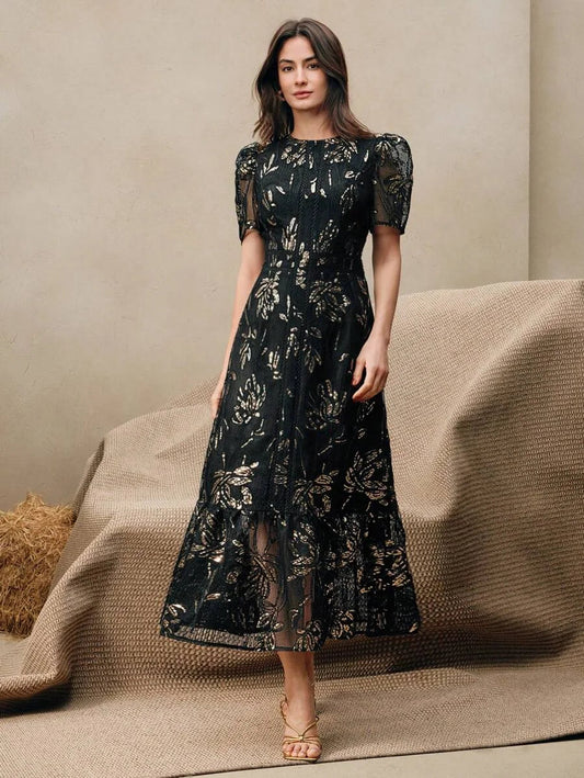 Women Elegant Floral Lace Patchwork Sequins Rope Embroidered Round Neck Short Sleeve Dress