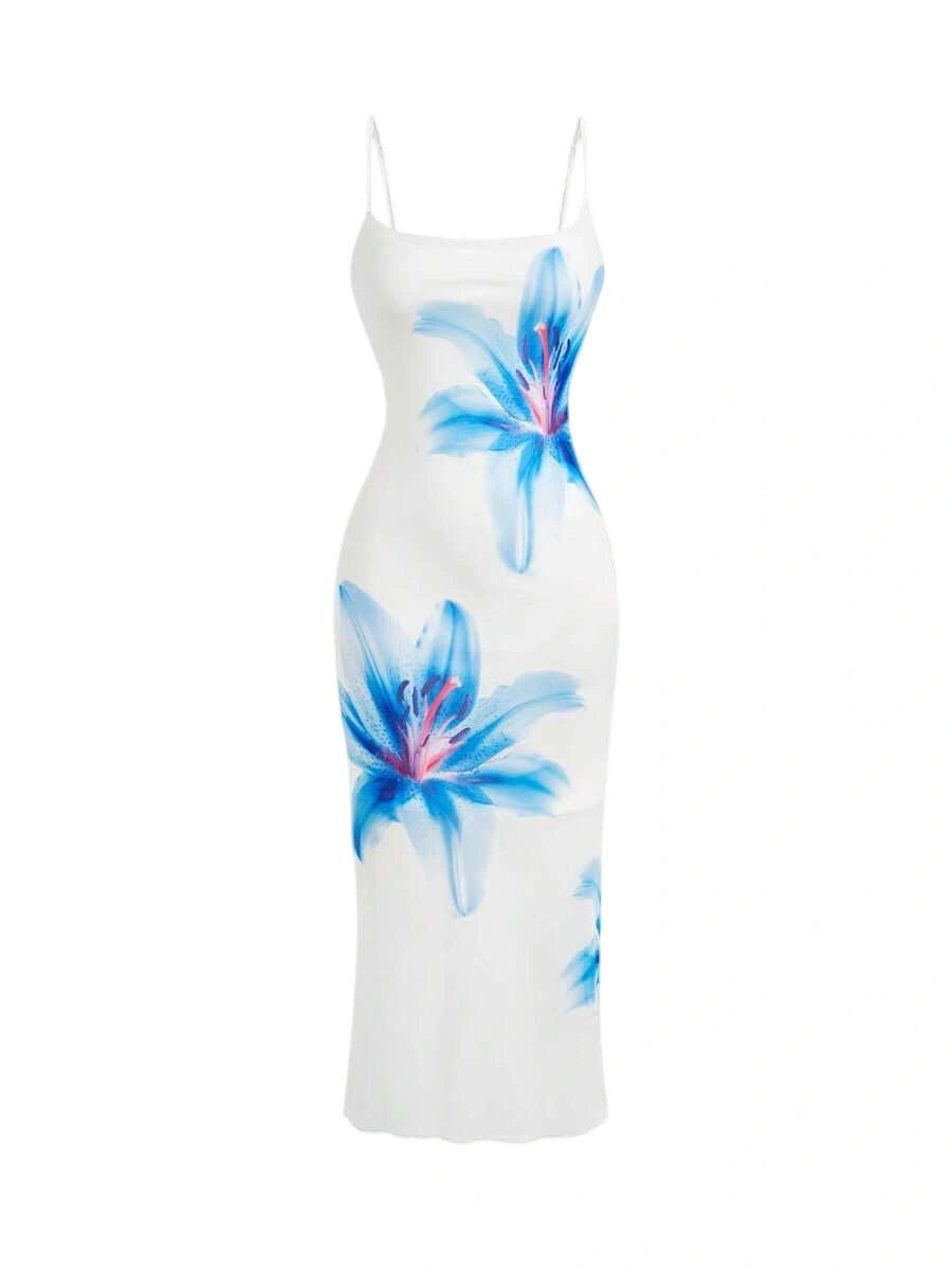 Women Elegant Floral Print Spaghetti Strap Dress