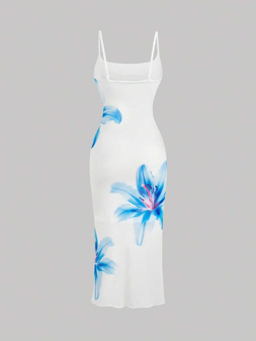 Women Elegant Floral Print Spaghetti Strap Dress