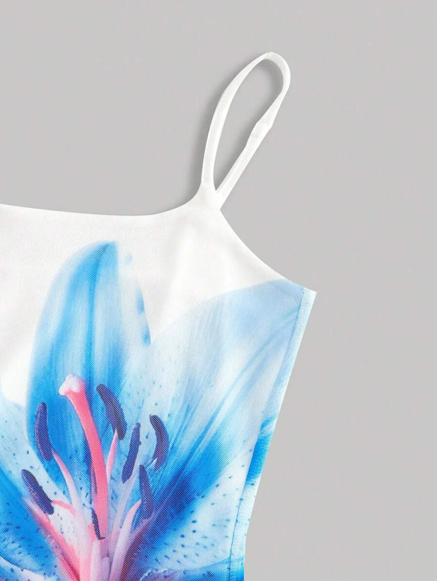 Women Elegant Floral Print Spaghetti Strap Dress