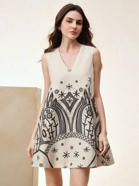 Women Elegant Linen Blend Floral Print Sleeveless VNeck Dress Summer Vacation