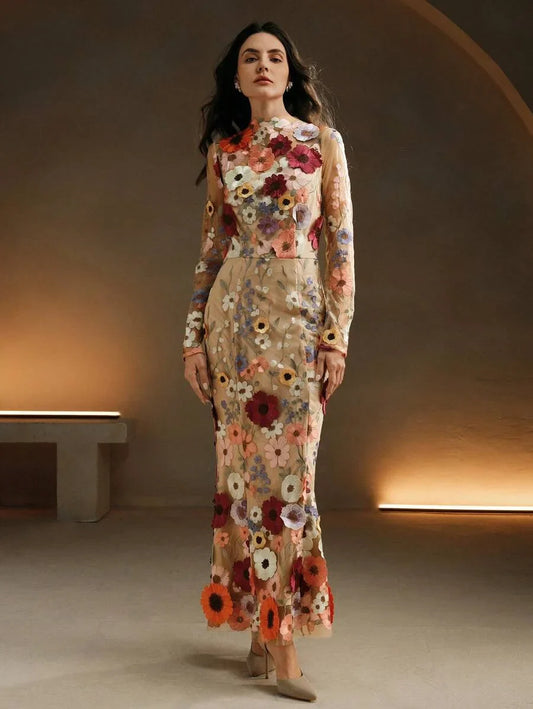 Women Elegant Mesh Flower Embroidery Long Dress Autumn Maxi Women Outfit