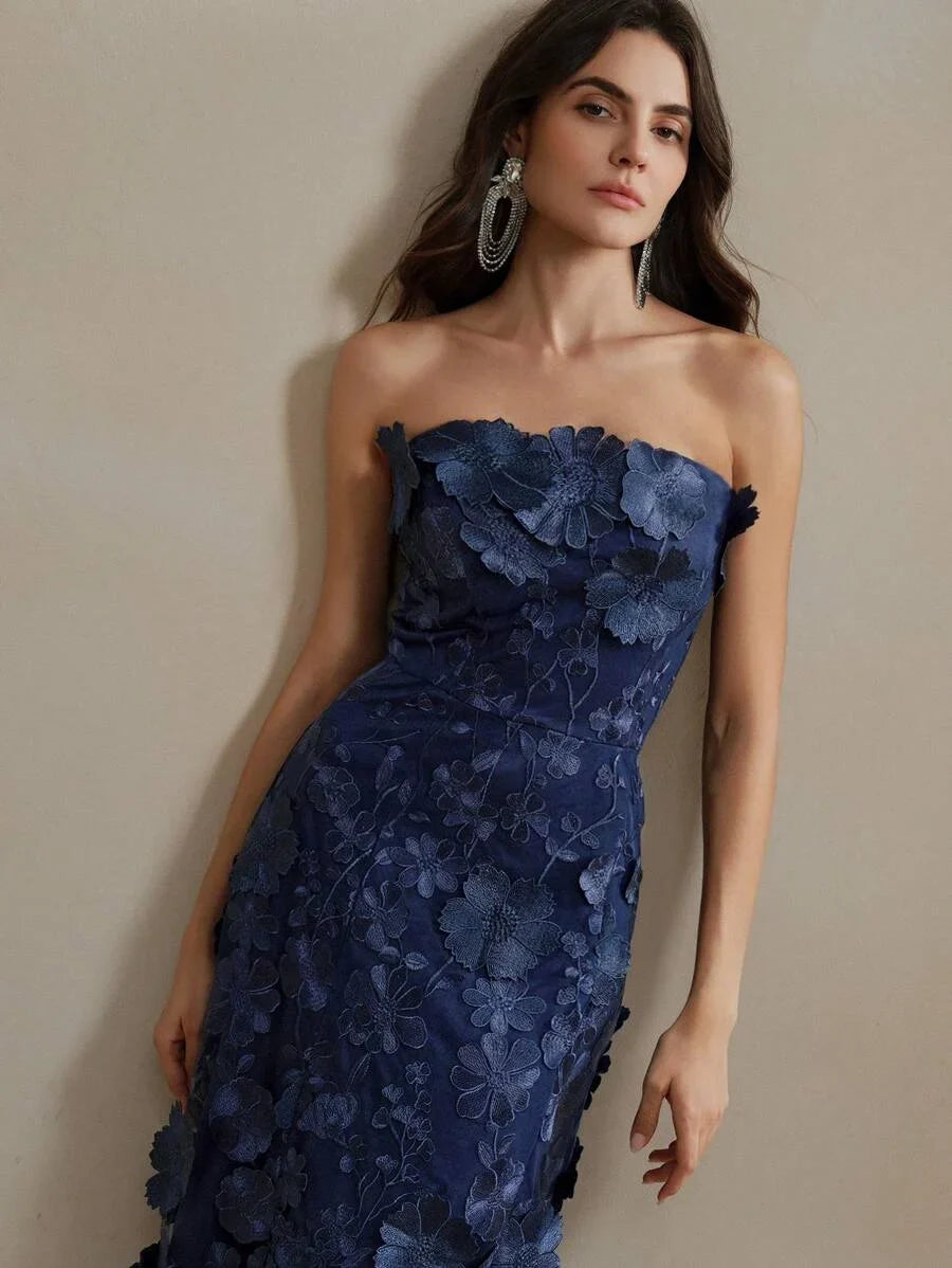 Women Elegant Party Blue Strapless Mesh Embroidered 3D Floral Fitted Dress