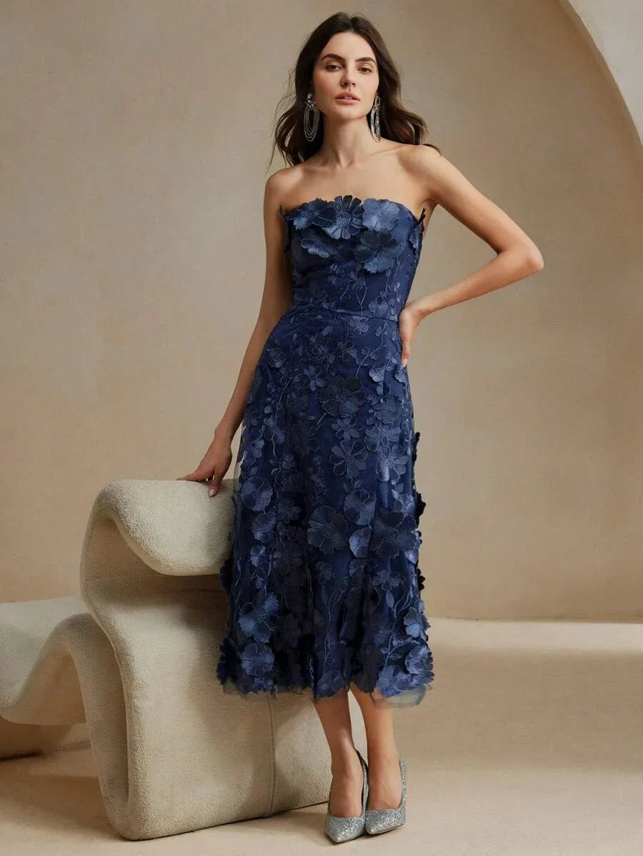 Women Elegant Party Blue Strapless Mesh Embroidered 3D Floral Fitted Dress