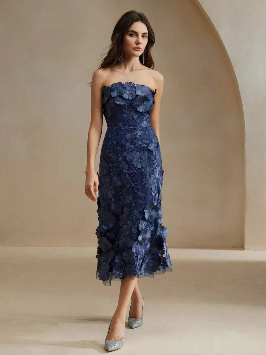 Women Elegant Party Blue Strapless Mesh Embroidered 3D Floral Fitted Dress