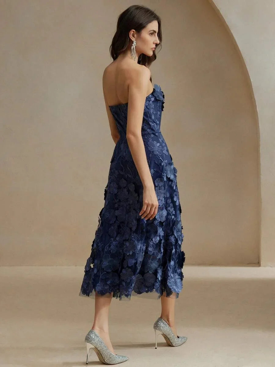 Women Elegant Party Blue Strapless Mesh Embroidered 3D Floral Fitted Dress