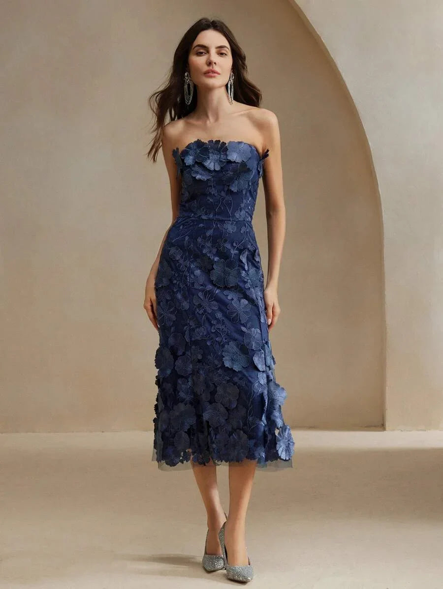 Women Elegant Party Blue Strapless Mesh Embroidered 3D Floral Fitted Dress