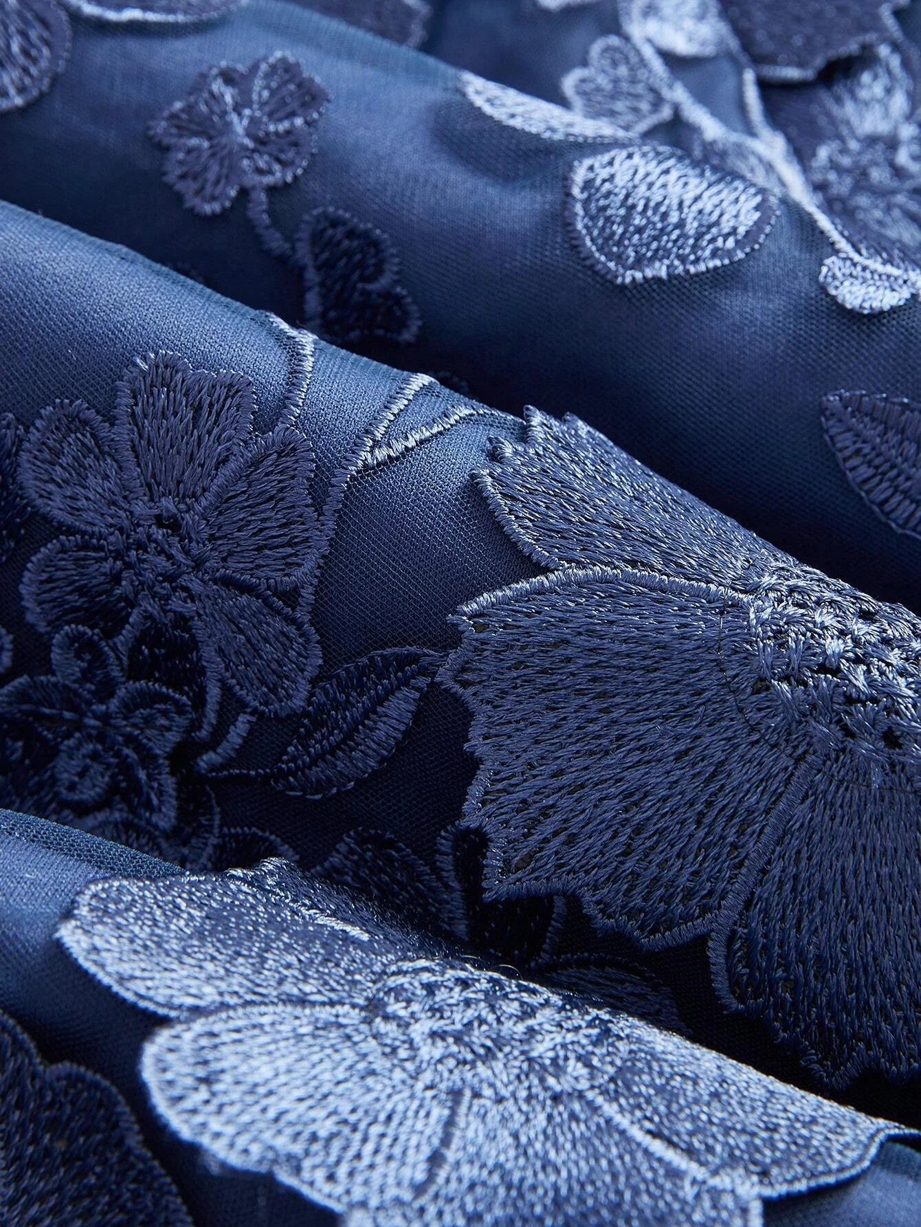 Women Elegant Party Blue Strapless Mesh Embroidered 3D Floral Fitted Dress