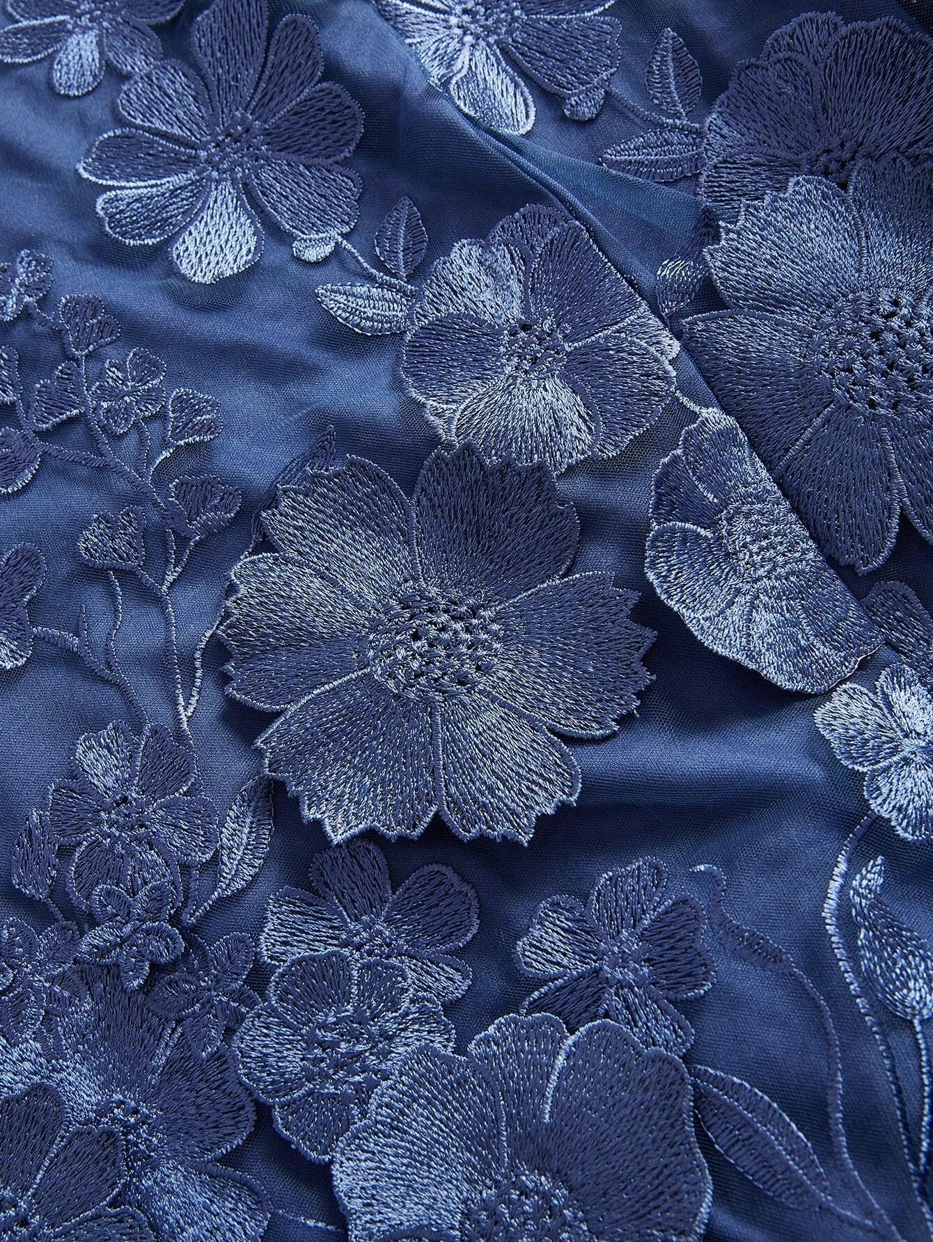 Women Elegant Party Blue Strapless Mesh Embroidered 3D Floral Fitted Dress