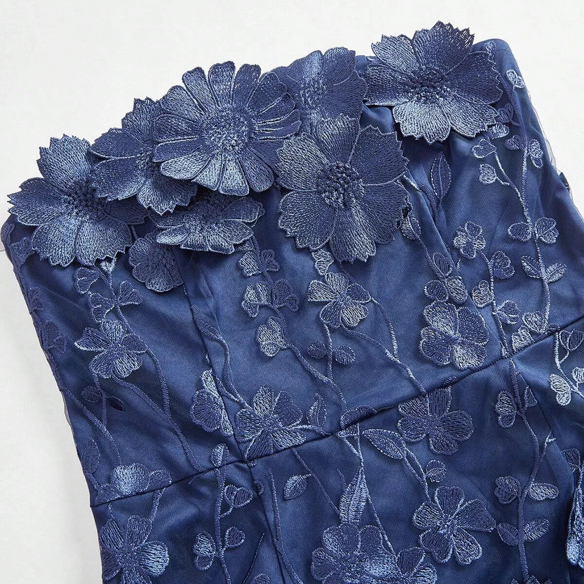 Women Elegant Party Blue Strapless Mesh Embroidered 3D Floral Fitted Dress