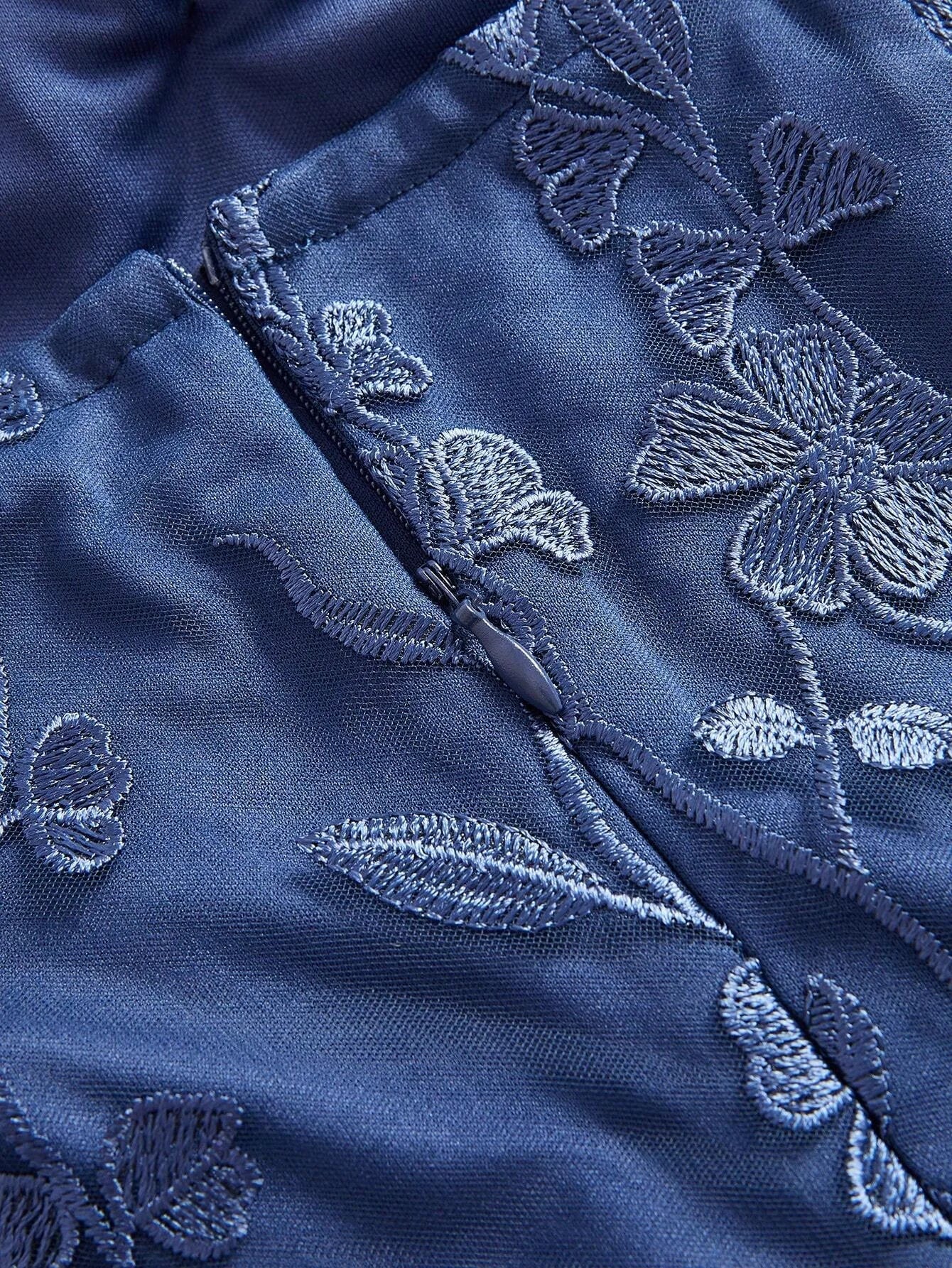 Women Elegant Party Blue Strapless Mesh Embroidered 3D Floral Fitted Dress