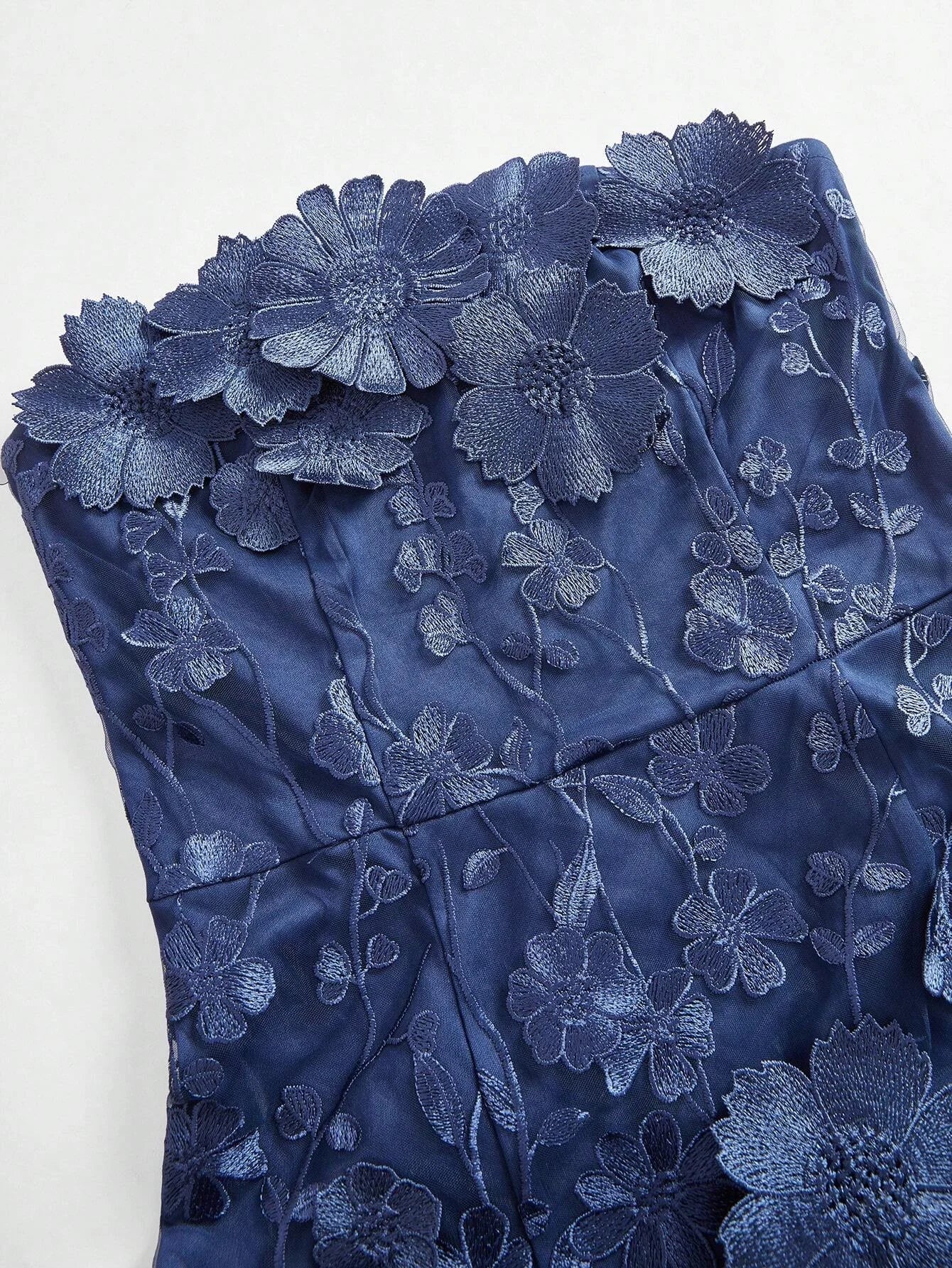 Women Elegant Party Blue Strapless Mesh Embroidered 3D Floral Fitted Dress