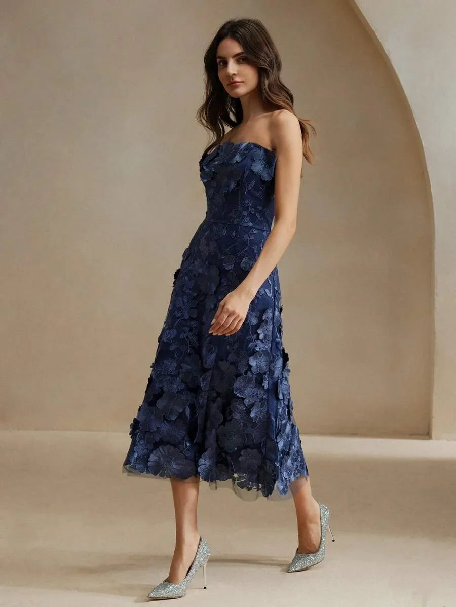 Women Elegant Party Blue Strapless Mesh Embroidered 3D Floral Fitted Dress