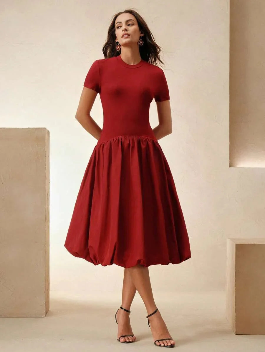 Women Elegant Patchwork Fitted Blouse And Flare Short Sleeve Dress Suitable For Spring Summer