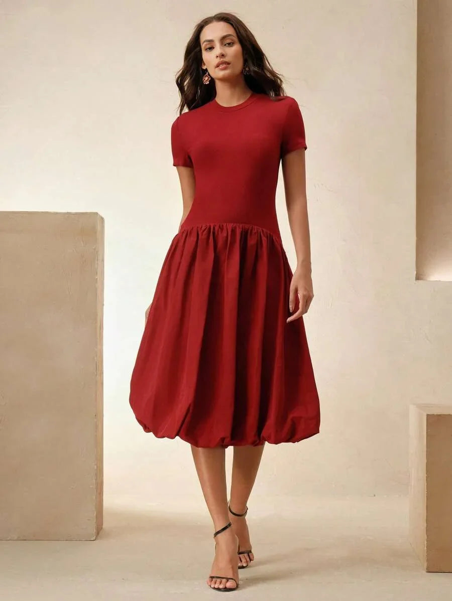 Women Elegant Patchwork Fitted Blouse And Flare Short Sleeve Dress Suitable For Spring Summer