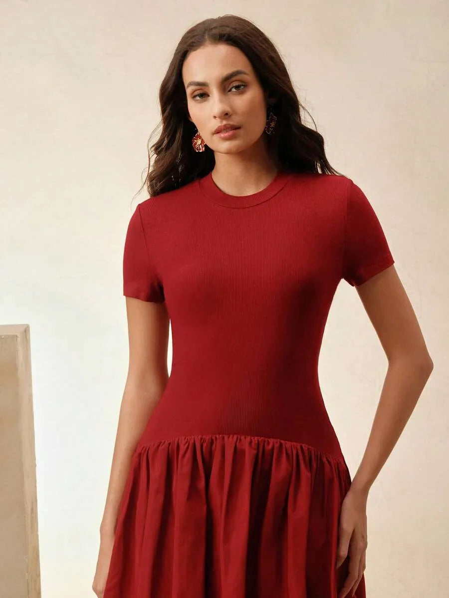 Women Elegant Patchwork Fitted Blouse And Flare Short Sleeve Dress Suitable For Spring Summer