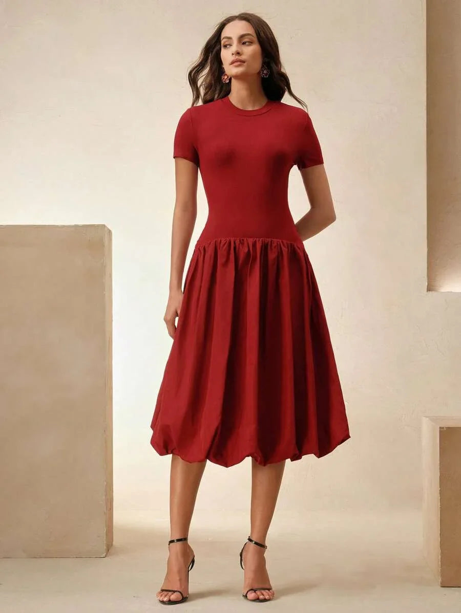 Women Elegant Patchwork Fitted Blouse And Flare Short Sleeve Dress Suitable For Spring Summer