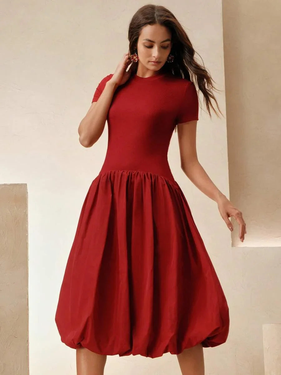 Women Elegant Patchwork Fitted Blouse And Flare Short Sleeve Dress Suitable For Spring Summer