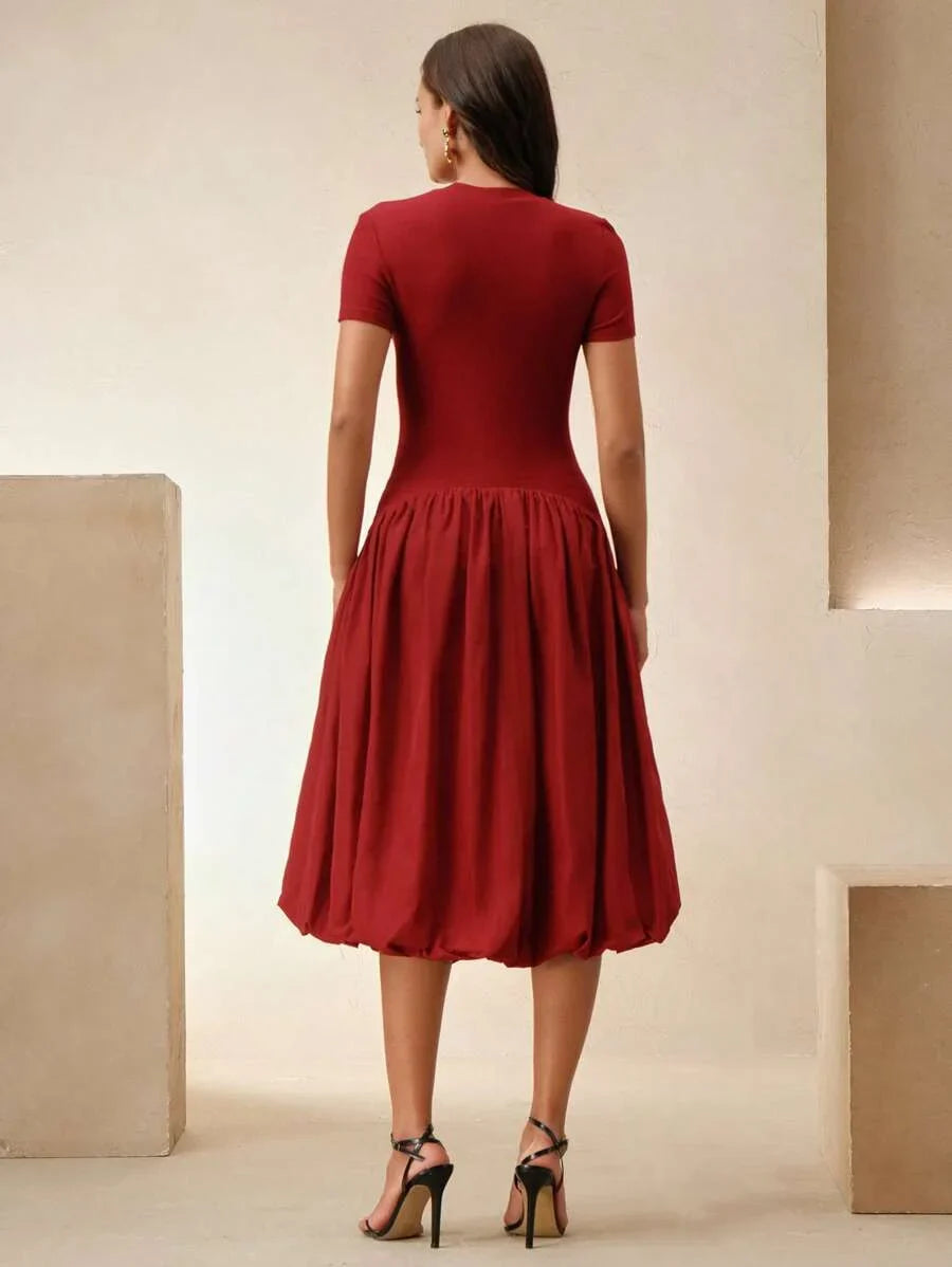 Women Elegant Patchwork Fitted Blouse And Flare Short Sleeve Dress Suitable For Spring Summer