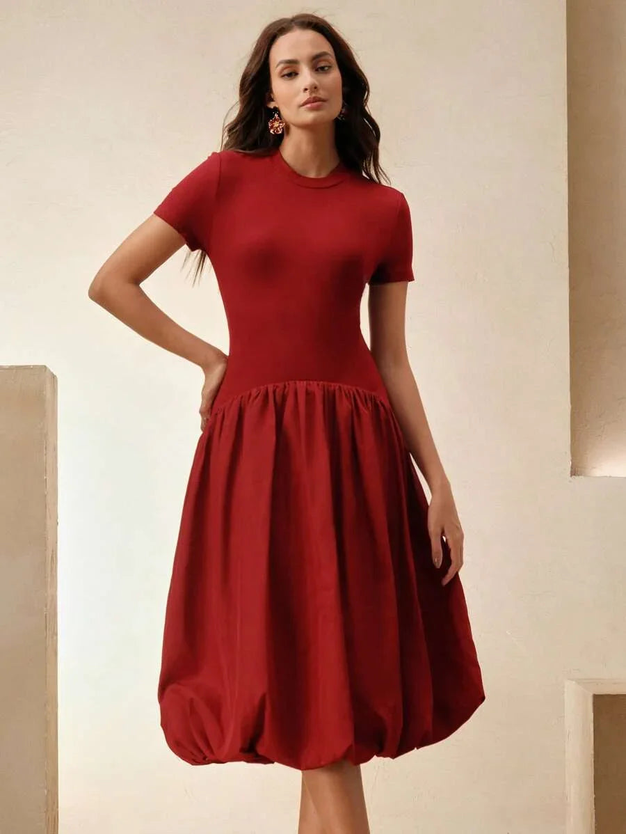 Women Elegant Patchwork Fitted Blouse And Flare Short Sleeve Dress Suitable For Spring Summer