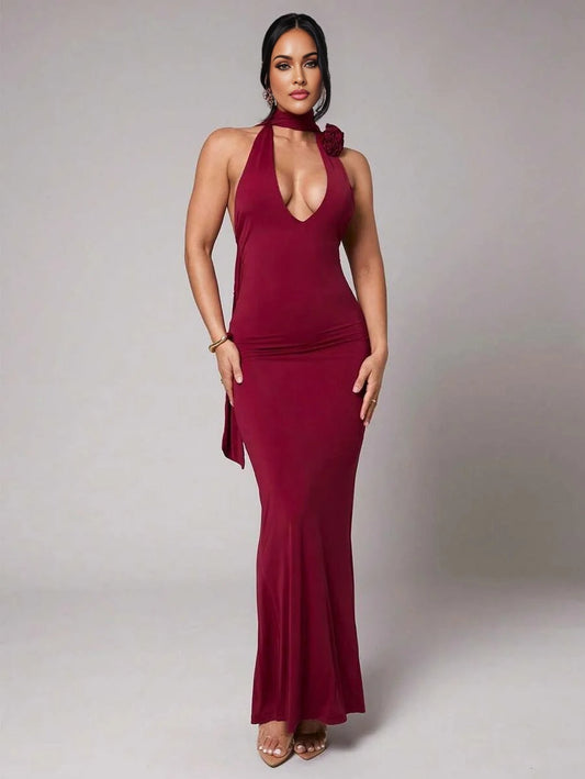 Women Elegant Romantic 3D Floral Decor Valentines Party Red Vacation Halter Long Chiffon Dress