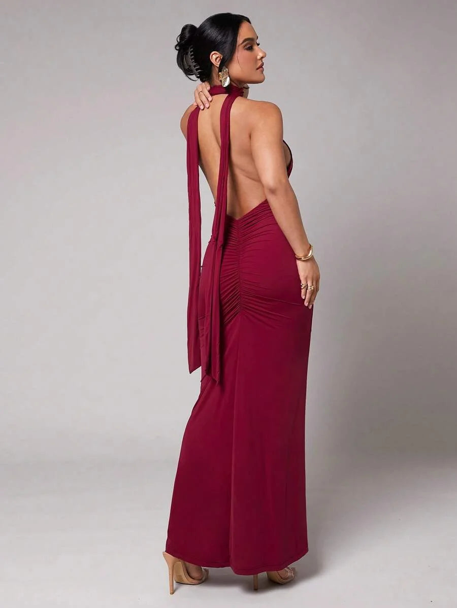 Women Elegant Romantic 3D Floral Decor Valentines Party Red Vacation Halter Long Chiffon Dress