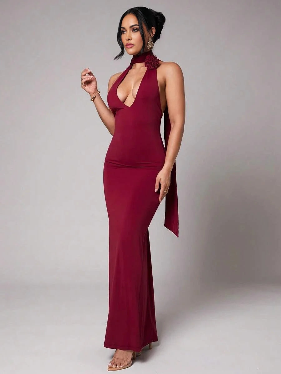 Women Elegant Romantic 3D Floral Decor Valentines Party Red Vacation Halter Long Chiffon Dress