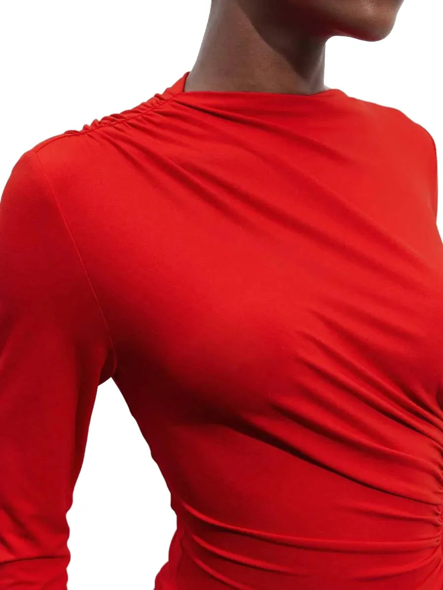 Women Elegant Solid Color Cropped Ruched Fitted Short Dress Autumn