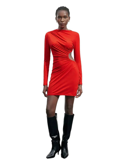Women Elegant Solid Color Cropped Ruched Fitted Short Dress Autumn