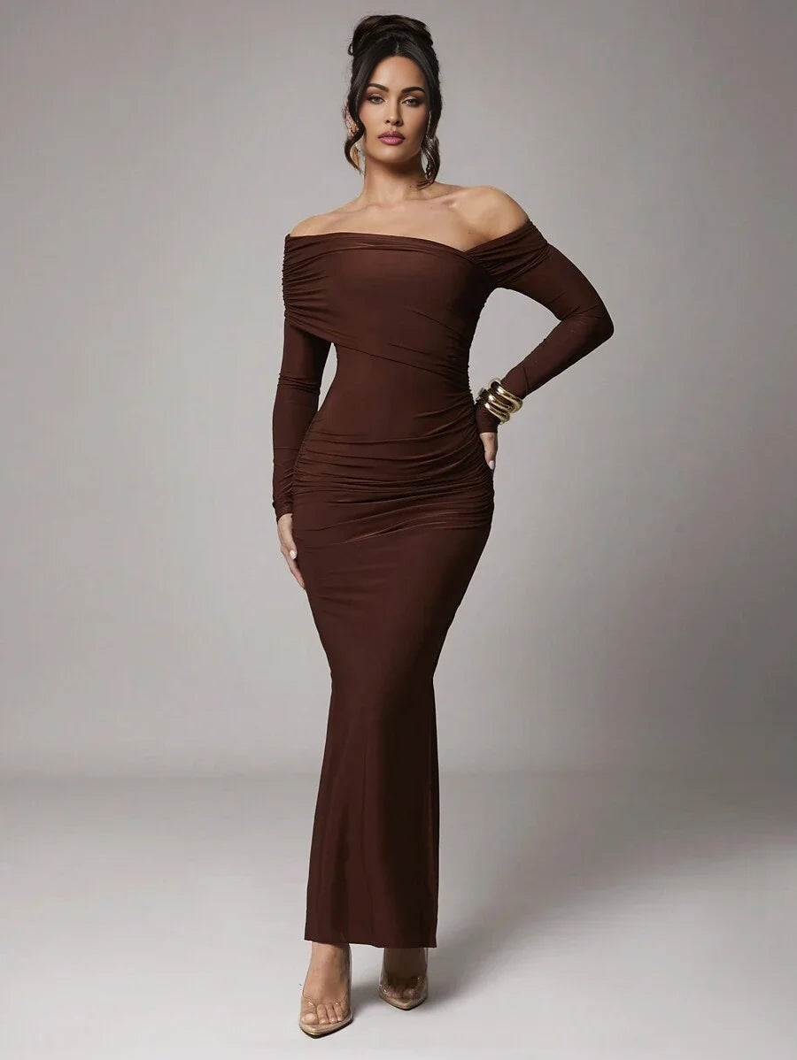 Women Elegant Solid Color Long Sleeve Shift Dress For Casual Date Party Coffee Brown Dresses For