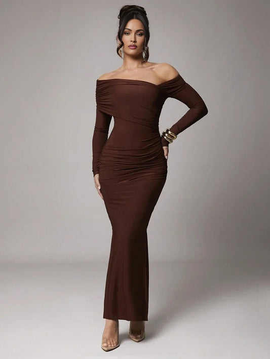 Women Elegant Solid Color Long Sleeve Shift Dress For Casual Date Party Coffee Brown Dresses For