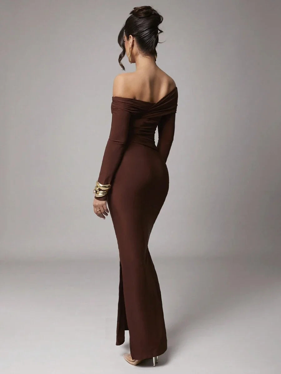 Women Elegant Solid Color Long Sleeve Shift Dress For Casual Date Party Coffee Brown Dresses For
