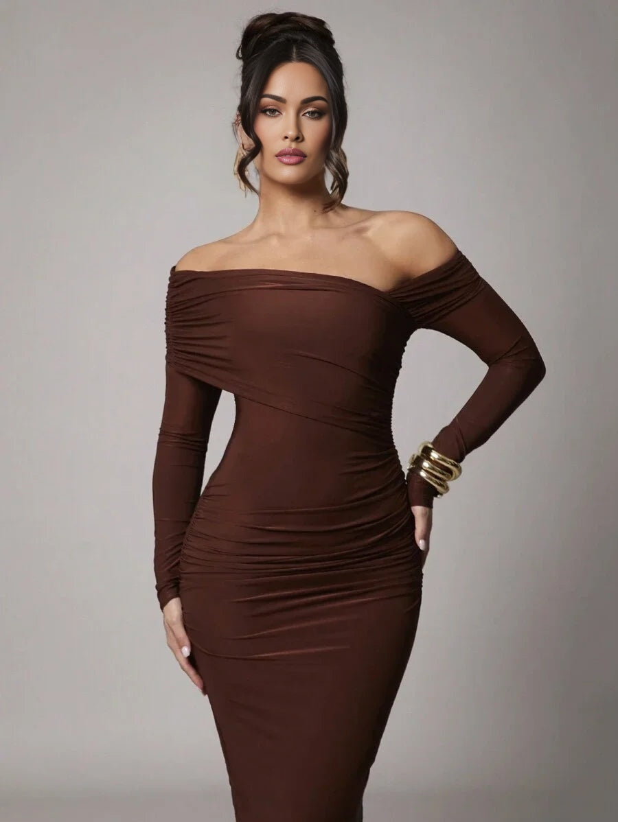 Women Elegant Solid Color Long Sleeve Shift Dress For Casual Date Party Coffee Brown Dresses For