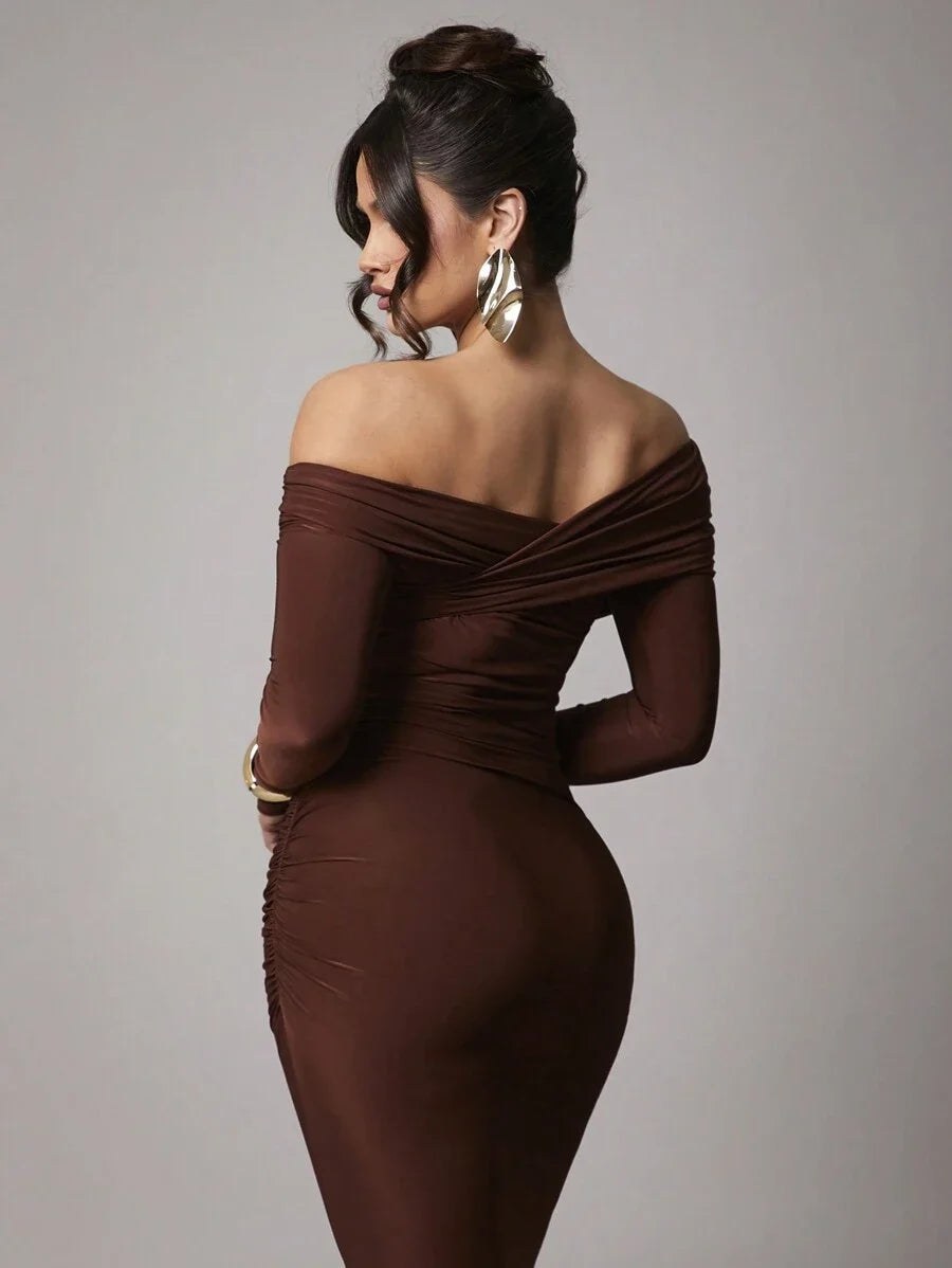 Women Elegant Solid Color Long Sleeve Shift Dress For Casual Date Party Coffee Brown Dresses For