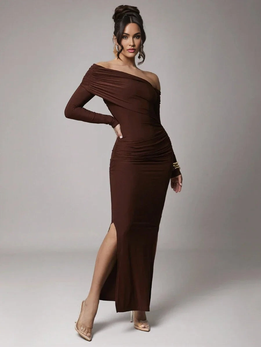 Women Elegant Solid Color Long Sleeve Shift Dress For Casual Date Party Coffee Brown Dresses For