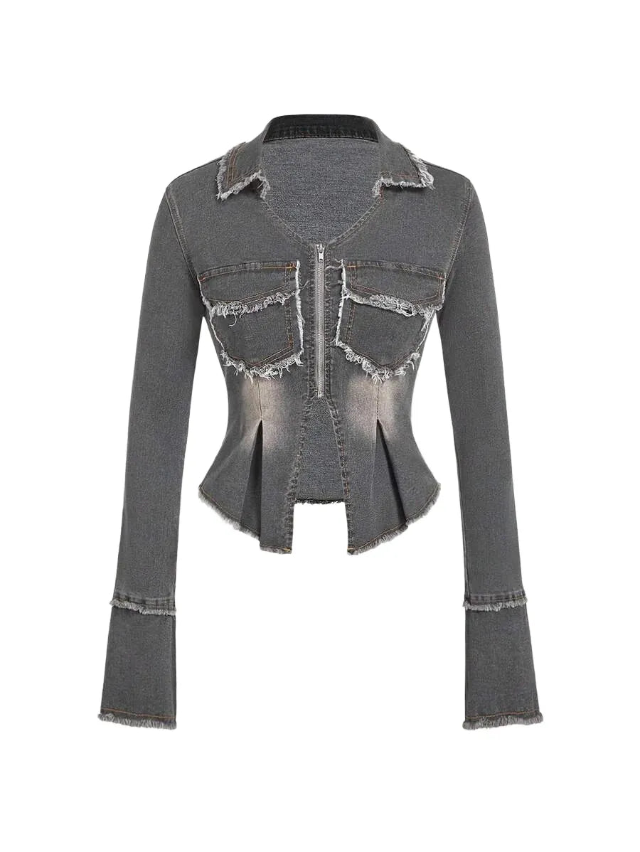 Women Frayed Hem Pockets Zipper Closure Long Sleeve Denim Jacket Coat