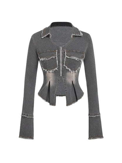 Women Frayed Hem Pockets Zipper Closure Long Sleeve Denim Jacket Coat