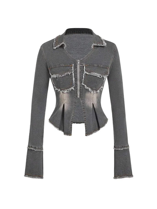 Women Frayed Hem Pockets Zipper Closure Long Sleeve Denim Jacket Coat