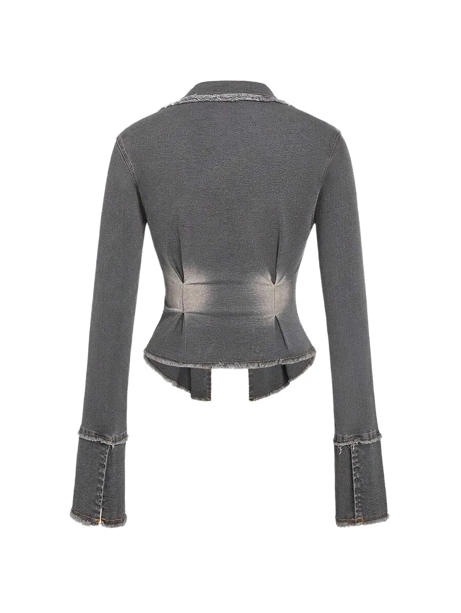 Women Frayed Hem Pockets Zipper Closure Long Sleeve Denim Jacket Coat