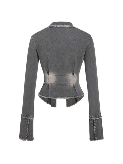 Women Frayed Hem Pockets Zipper Closure Long Sleeve Denim Jacket Coat