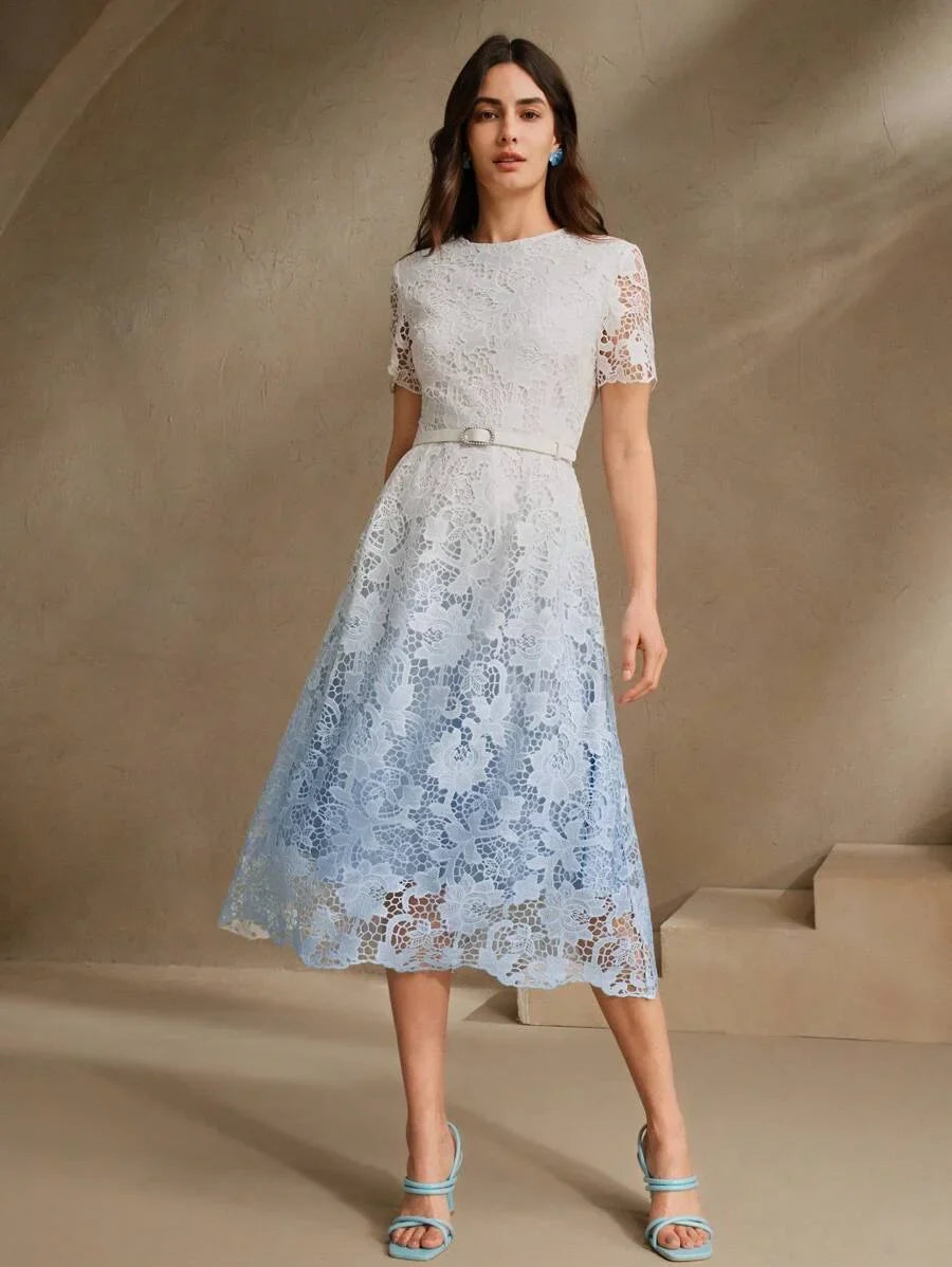 Women Gradient Lace Midi Bodycon Dress Round Neck Short Sleeve Suitable For SpringSummer Beach