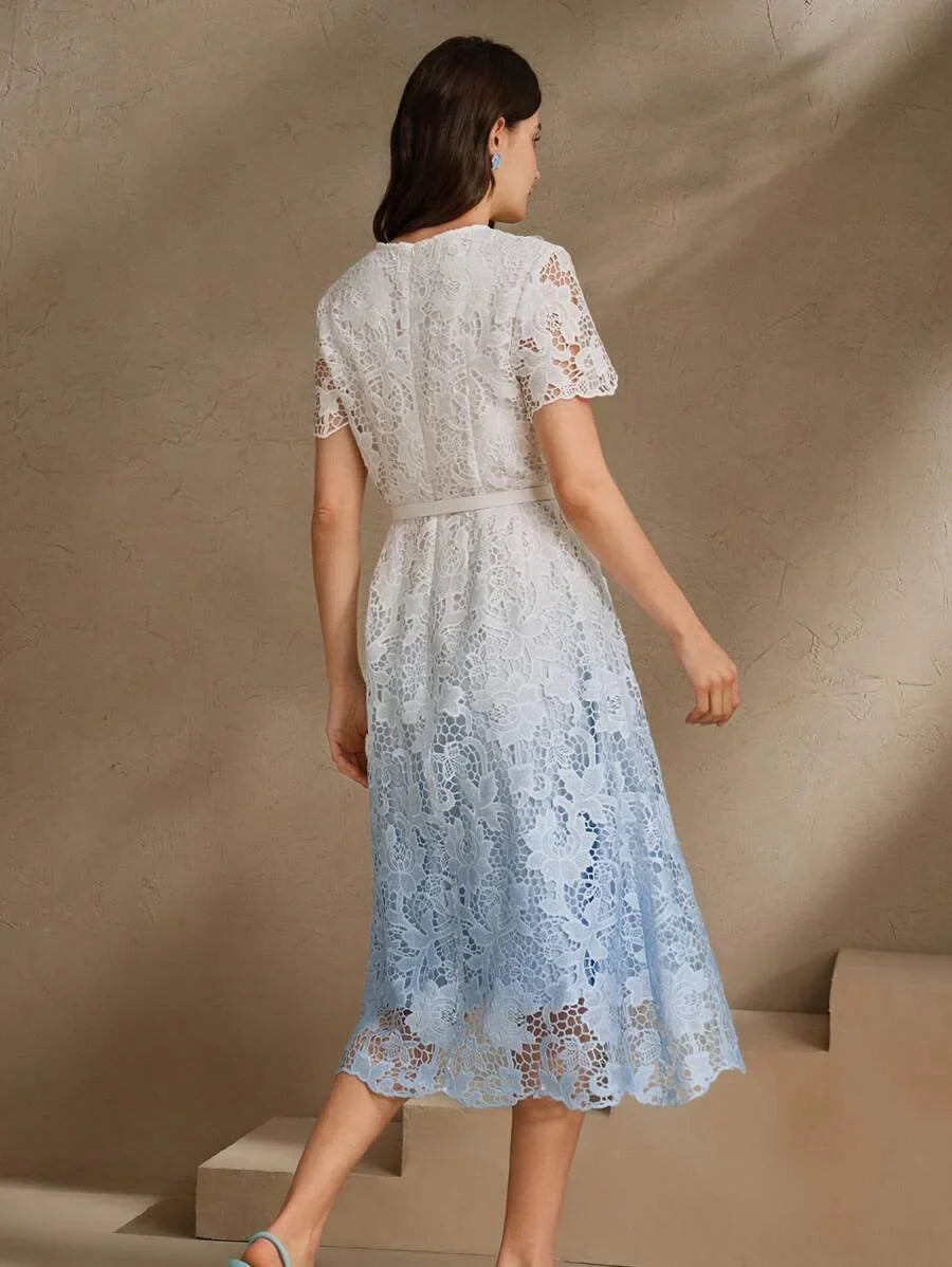 Women Gradient Lace Midi Bodycon Dress Round Neck Short Sleeve Suitable For SpringSummer Beach
