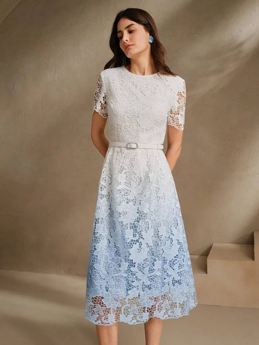 Women Gradient Lace Midi Bodycon Dress Round Neck Short Sleeve Suitable For SpringSummer Beach